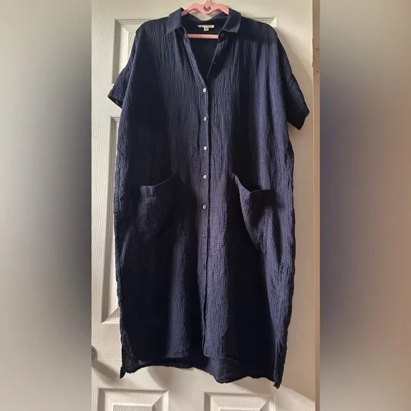 Eileen Fisher Navy Button-Up Shirt Dress - Picture 3 of 6